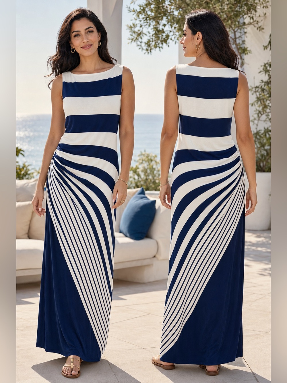 Soft Surroundings Here to Infinity Navy Ivory Striped Ruched Maxi Dress Size S